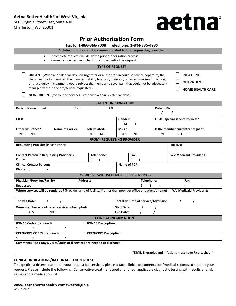 Form WV-16-06-01 Download Printable PDF or Fill Online Prior Authorization Form...