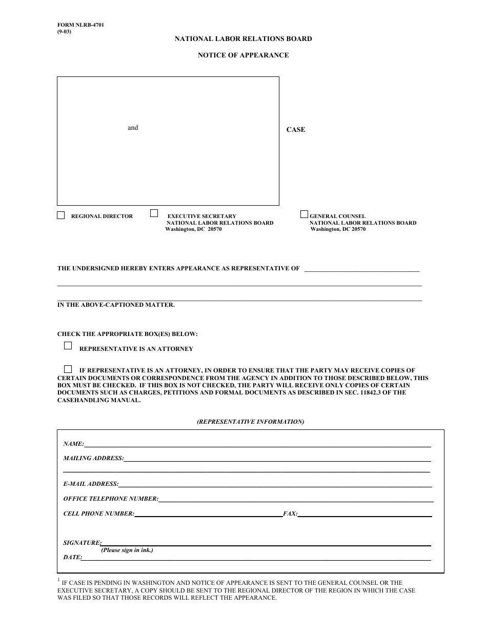 Form NLRB-4701 Notice of Appearance, Page 1