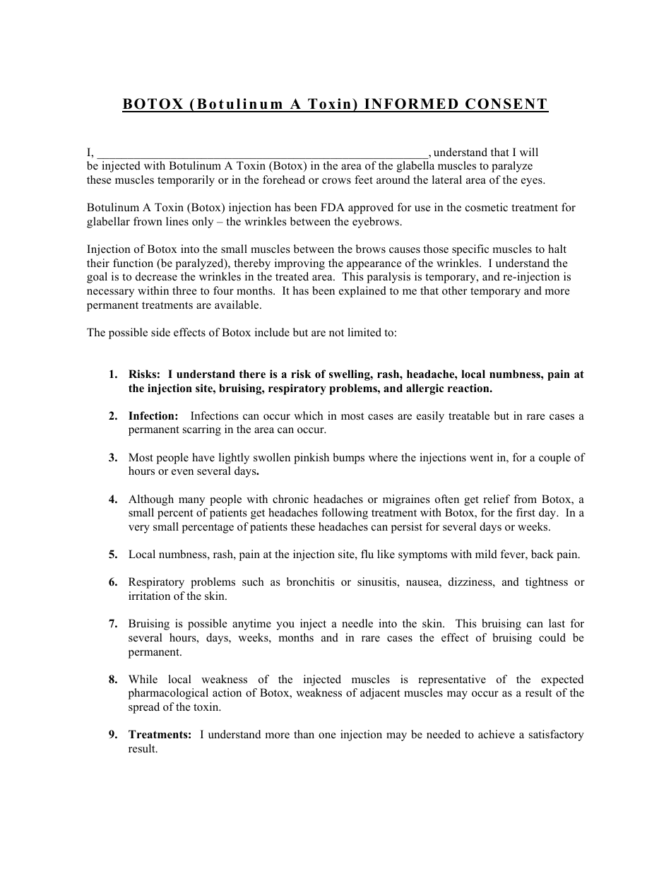 Botox Informed Consent Form, Page 1