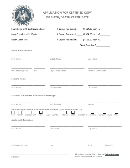 Application for Certified Copy of Birth / Death Certificate - DeSoto Parish, Louisiana Download Pdf