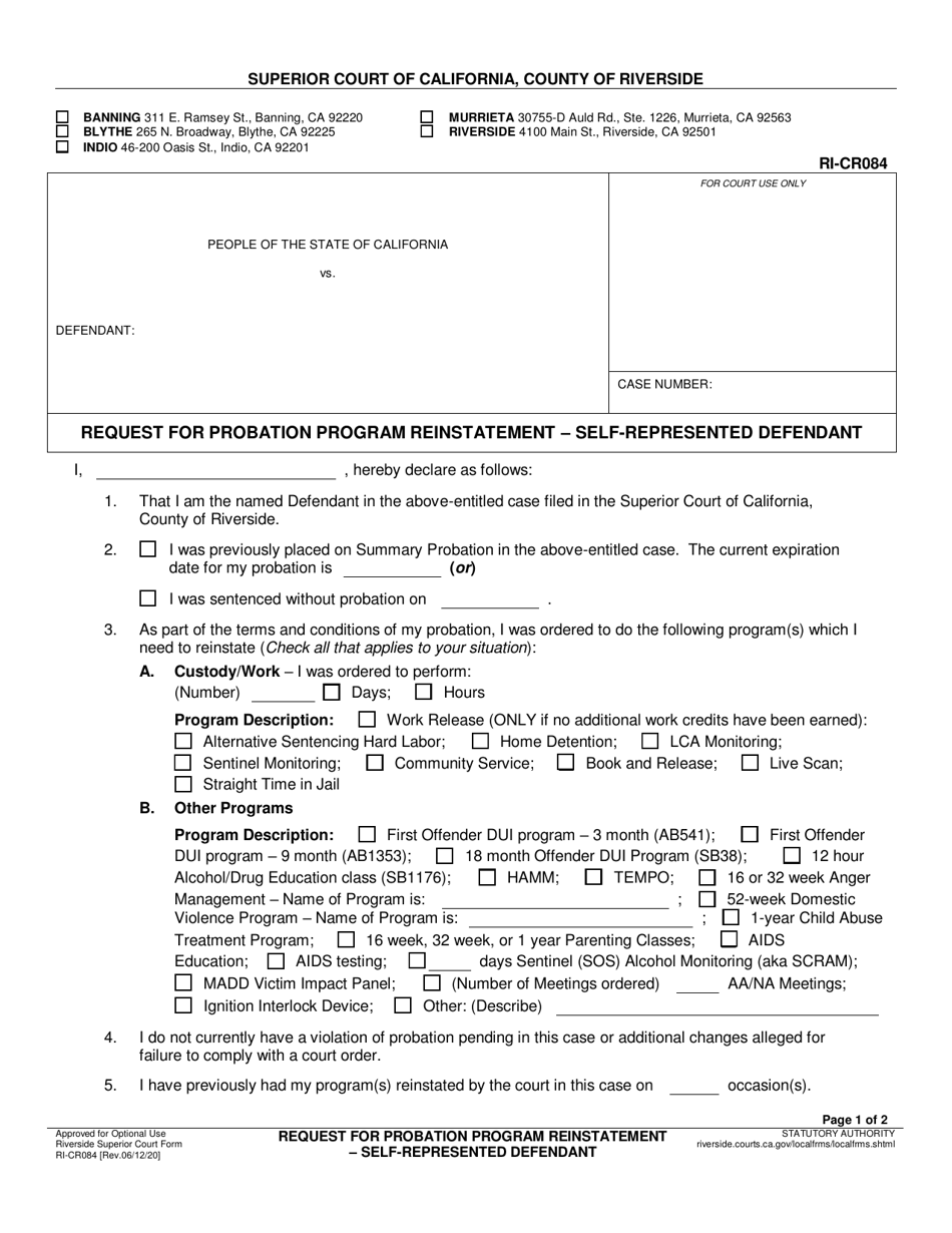 Form RI-CR084 Request for Probation Program Reinstatement - Self-represented Defendant - County of Riverside, California, Page 1