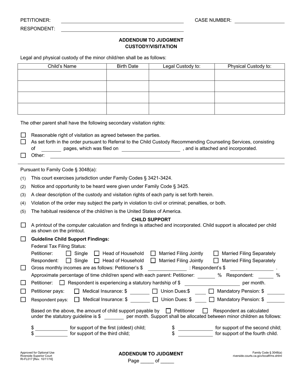 Form RI-FL017 Addendum to Judgment - County of Riverside, California, Page 1