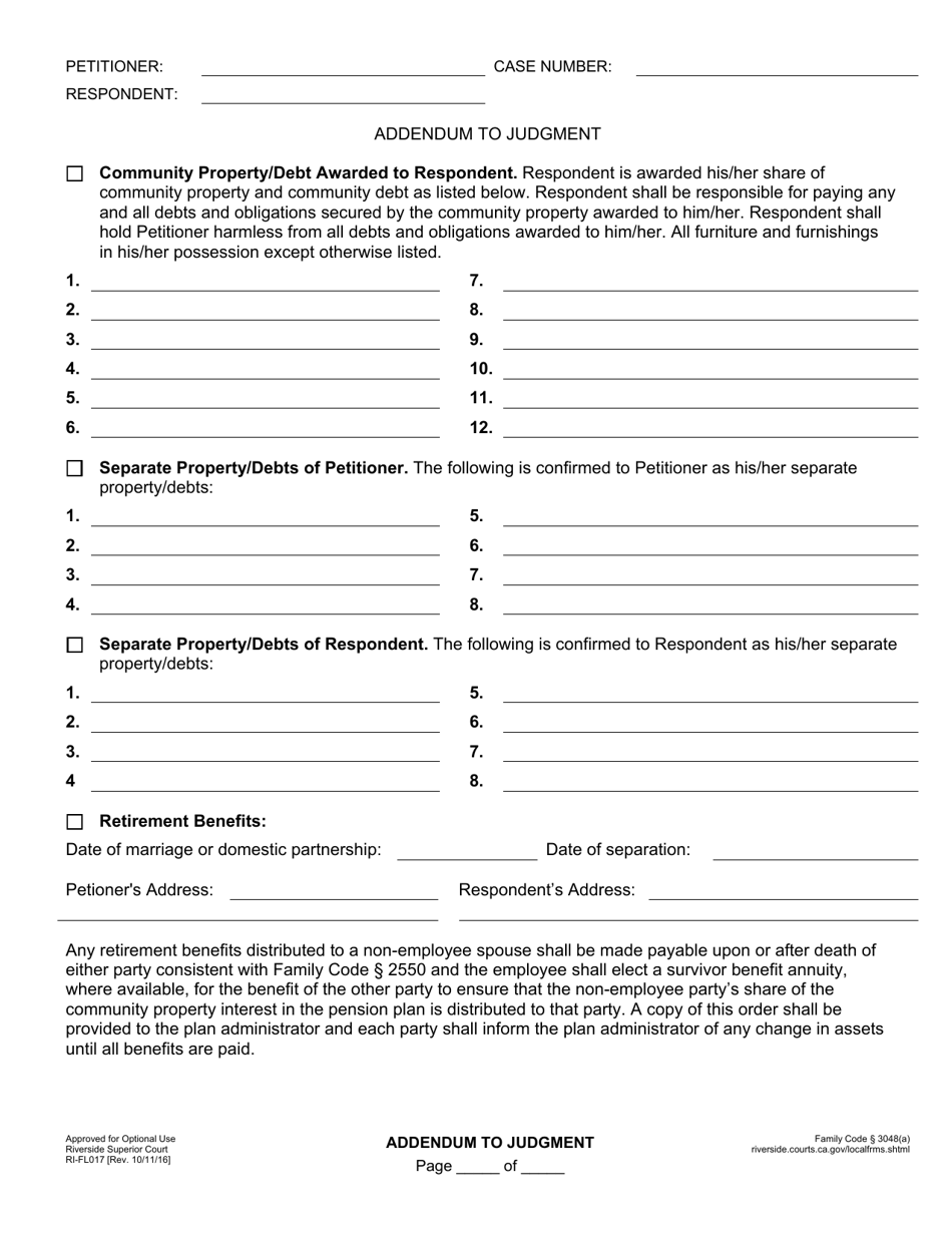 Form RI-FL017 Addendum to Judgment - County of Riverside, California, Page 4