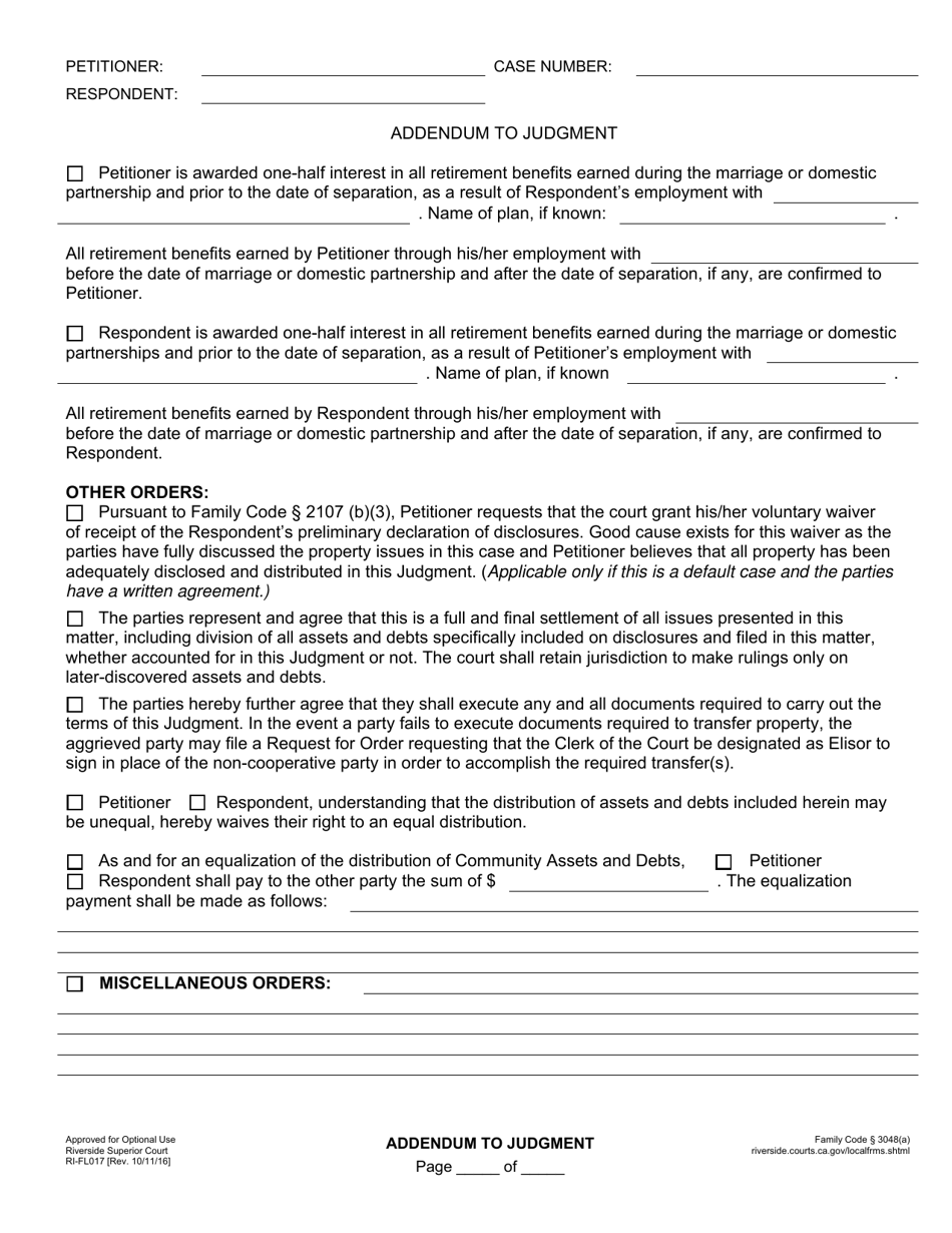 Form RI-FL017 Addendum to Judgment - County of Riverside, California, Page 5