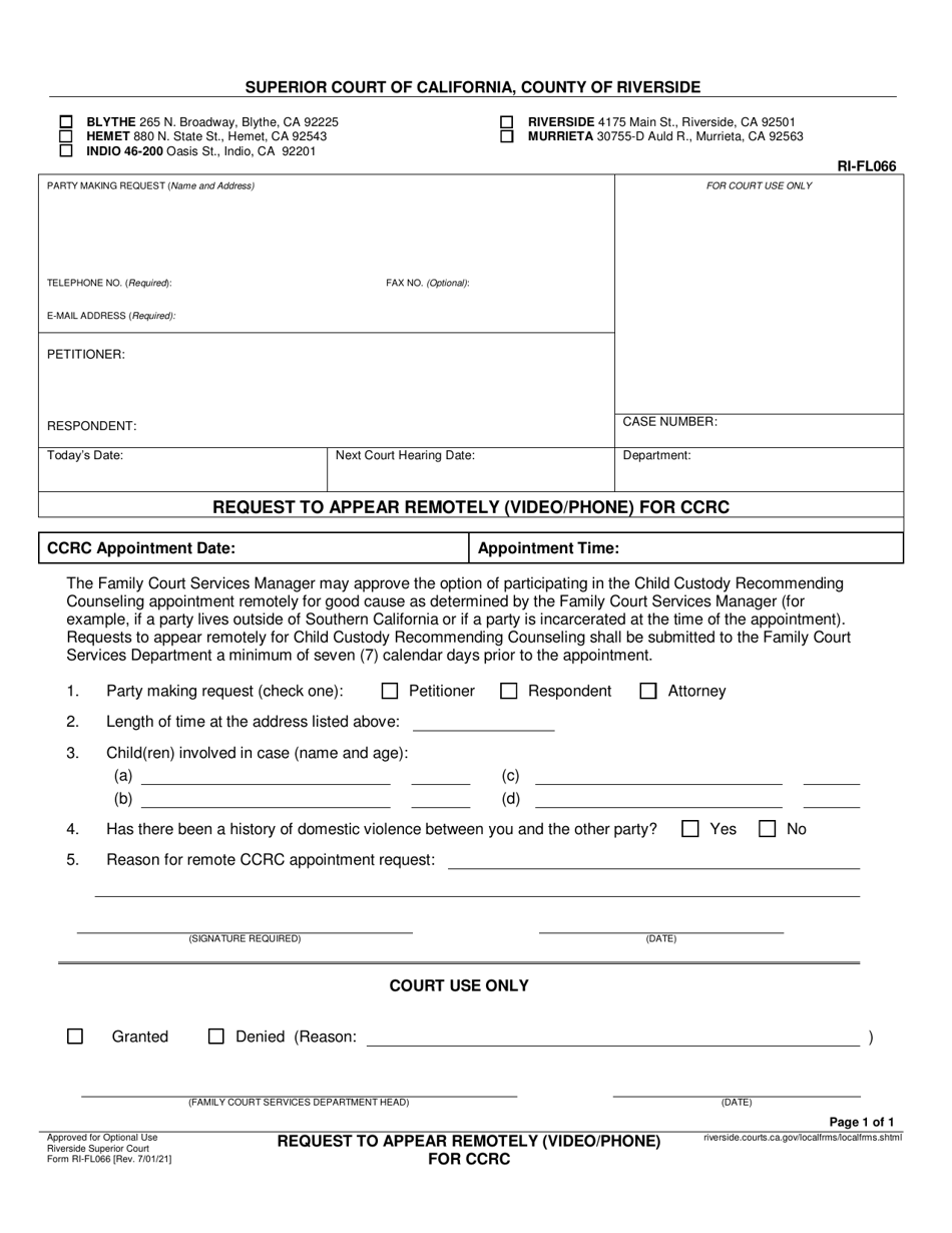 Form RI-FL066 Request to Appear Remotely (Video / Phone) for Ccrc - County of Riverside, California, Page 1