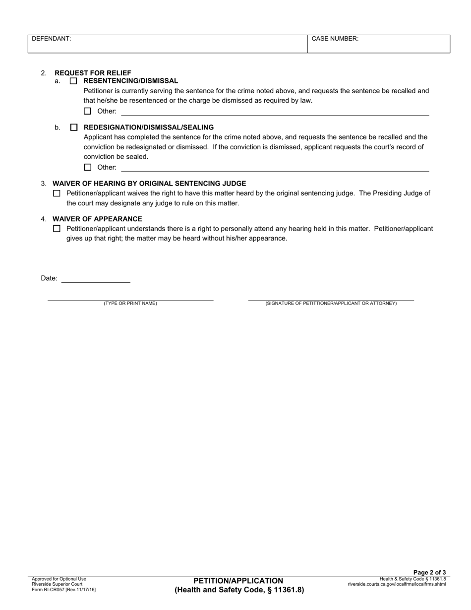 Form RI-CR057 Petition / Application (Health  Safety Code 11361.8) - County of Riverside, California, Page 2