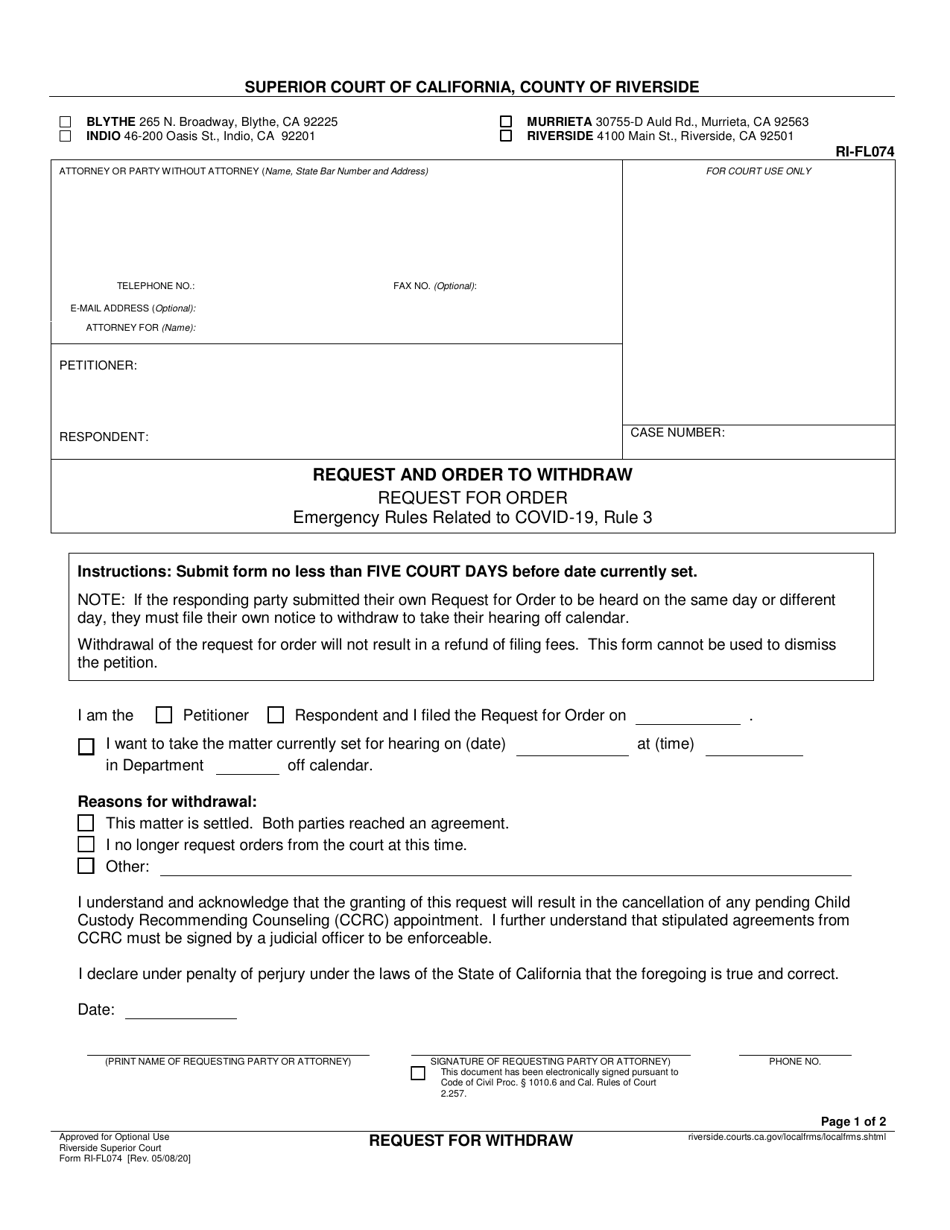 Form RI-FL074 Request and Order to Withdraw - County of Riverside, California, Page 1