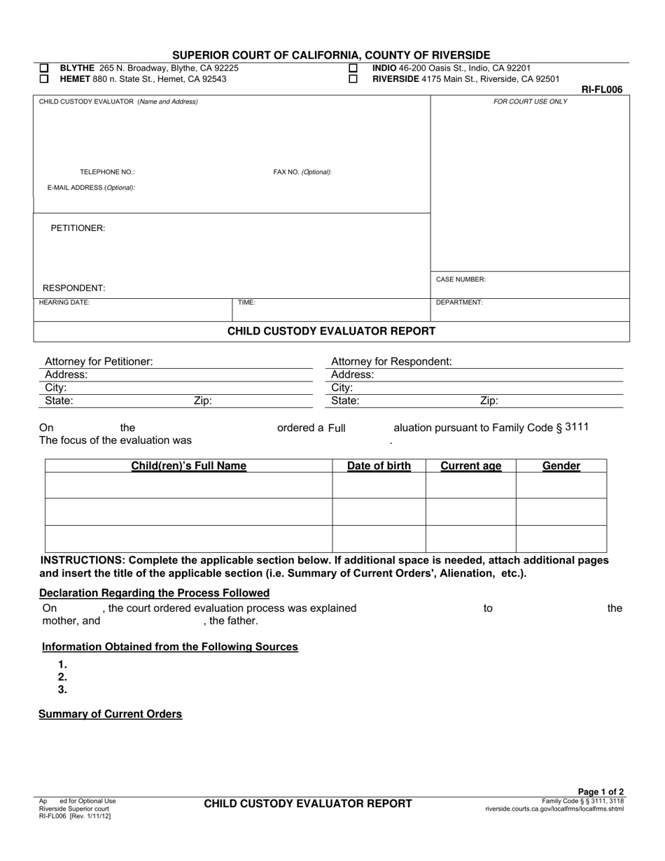 Form RI-FL006 Child Custody Evaluator Report - County of Riverside, California, Page 1