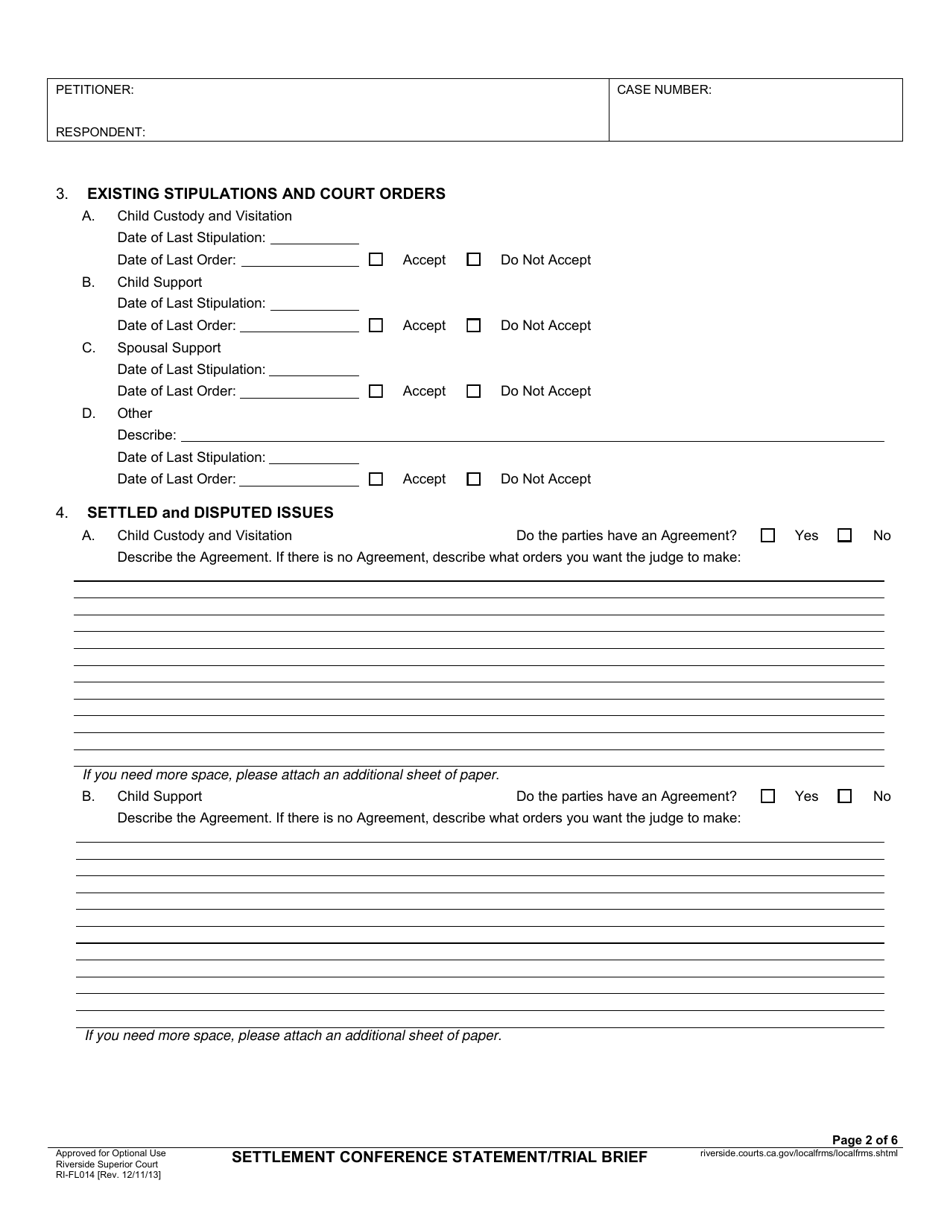 Form RI-FL014 Settlement Conference Statement / Trial Brief - County of Riverside, California, Page 2