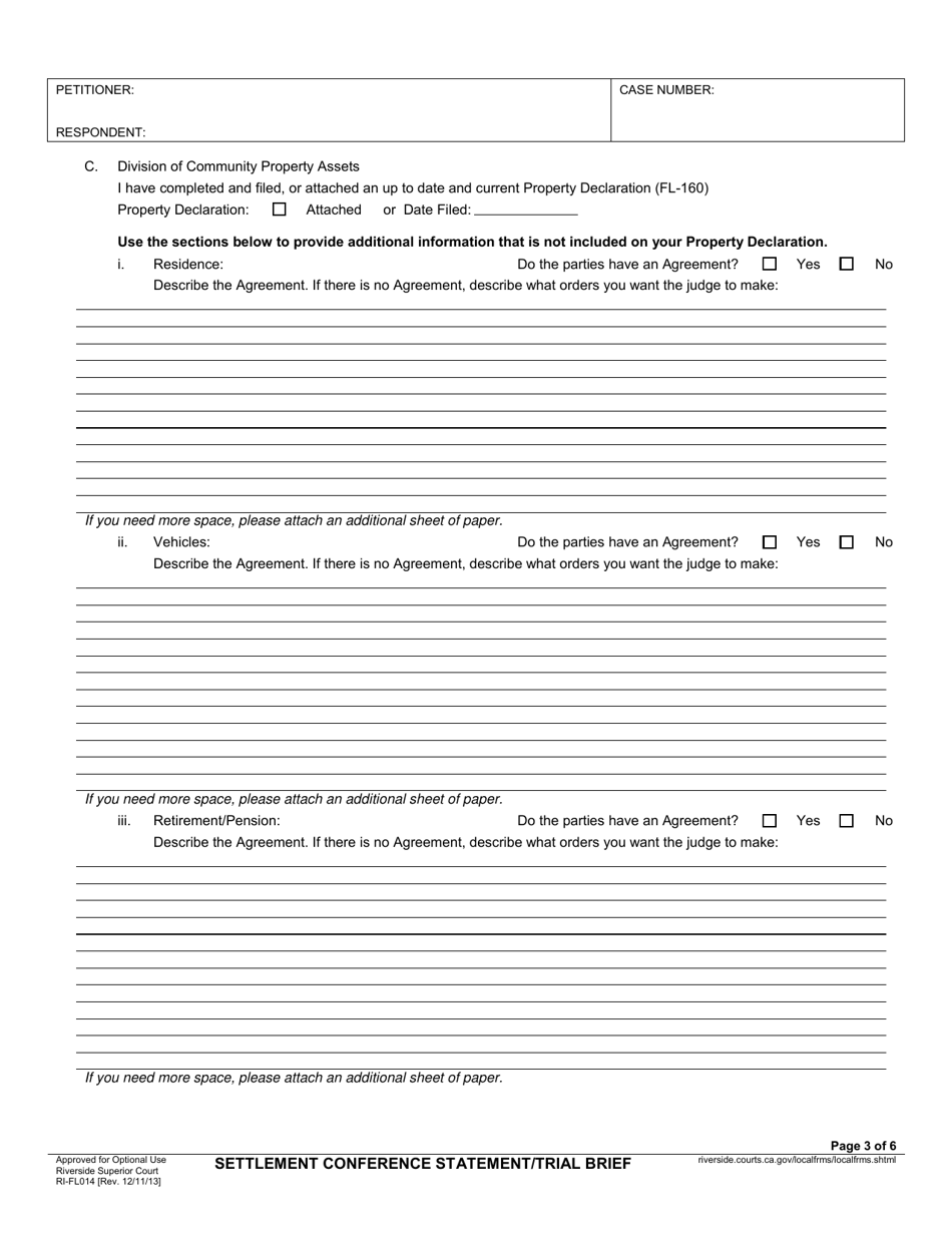 Form RI-FL014 Settlement Conference Statement / Trial Brief - County of Riverside, California, Page 3