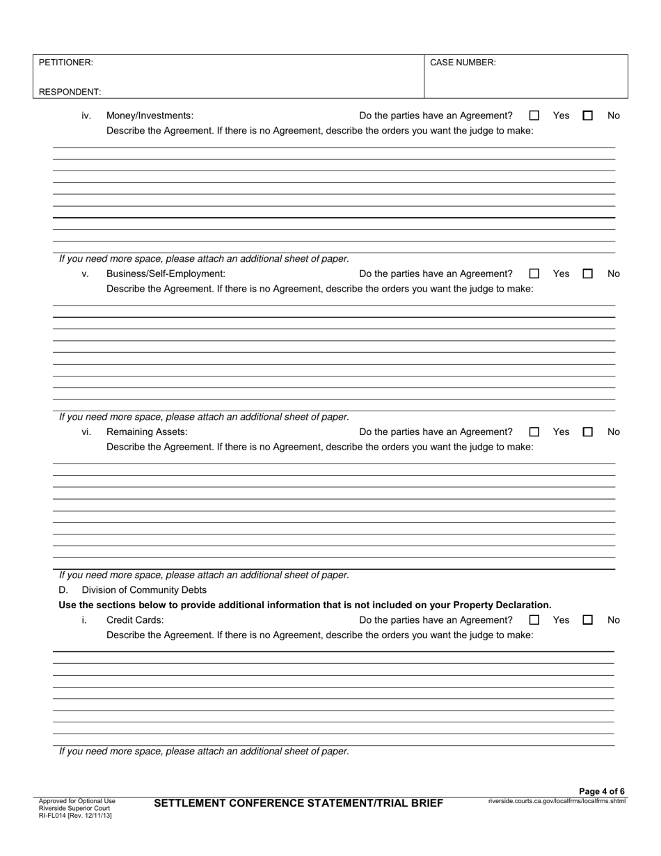 Form RI-FL014 Settlement Conference Statement / Trial Brief - County of Riverside, California, Page 4