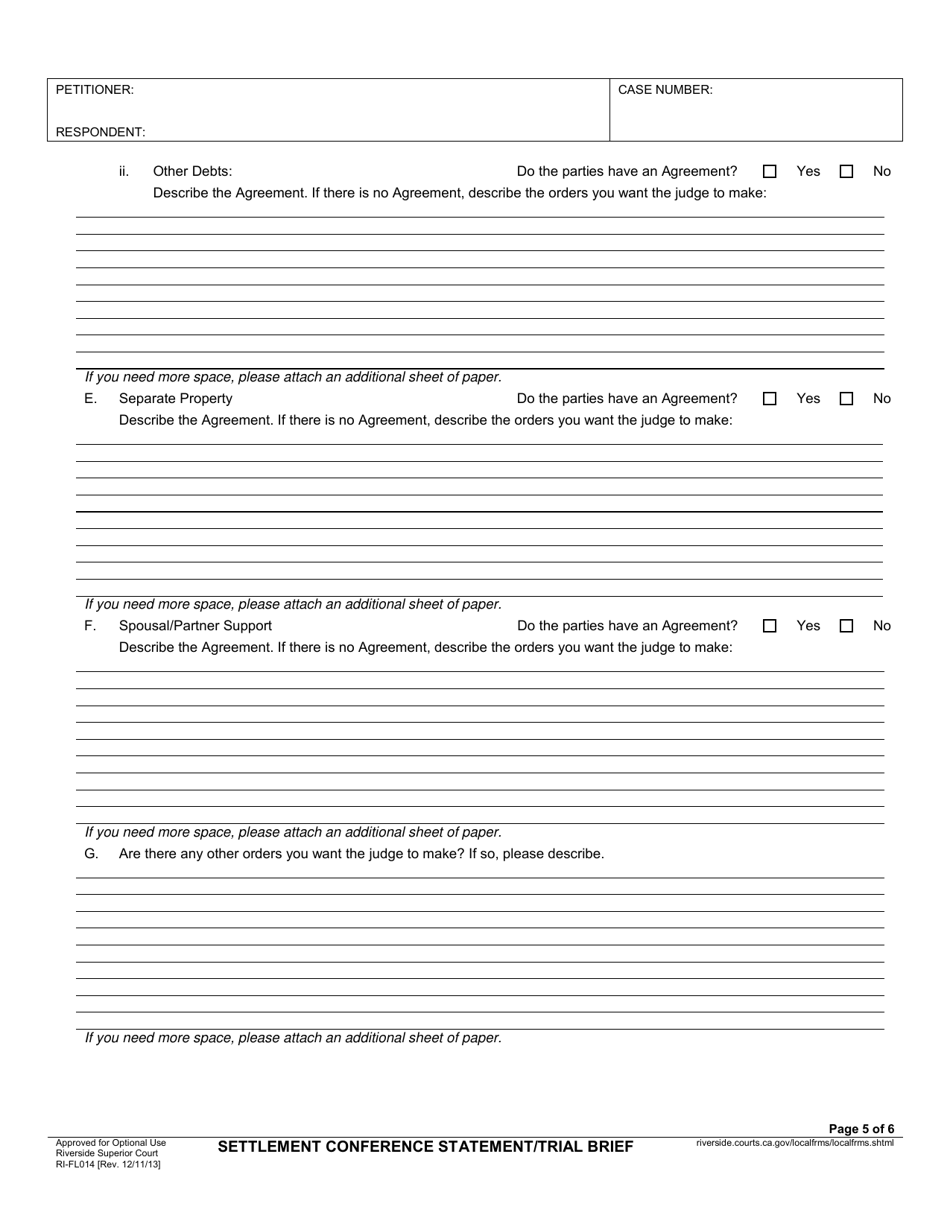Form RI-FL014 Settlement Conference Statement / Trial Brief - County of Riverside, California, Page 5