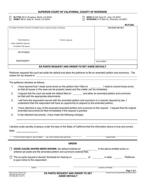 Form RI-FL002 Ex Parte Request and Order to Set Aside Default - County of Riverside, California