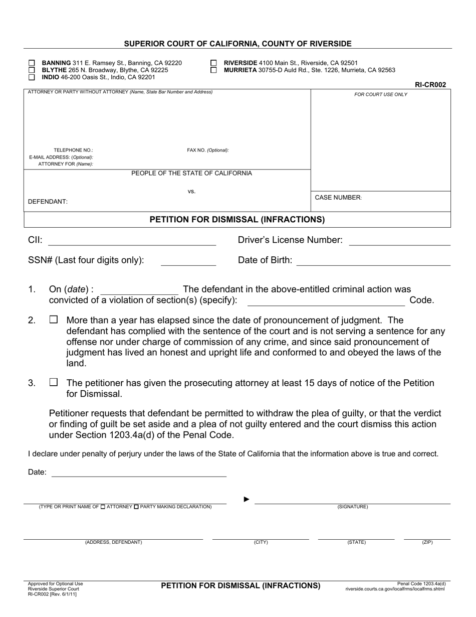 Form RI-CR002 Petition for Dismissal (Infractions) - County of Riverside, California, Page 1