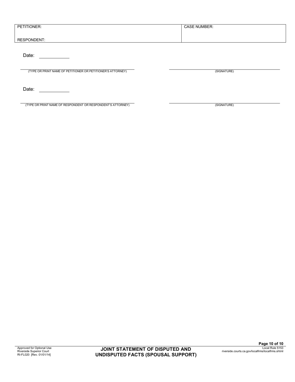 Form RI-FL020 Joint Statement of Disputed and Undisputed Facts (Spousal Support) - County of Riverside, California, Page 10