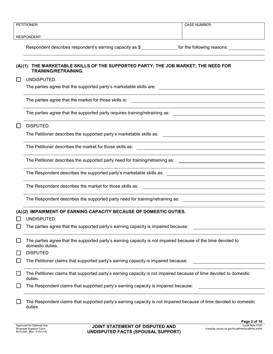 Form RI-FL020 Joint Statement of Disputed and Undisputed Facts (Spousal Support) - County of Riverside, California, Page 2