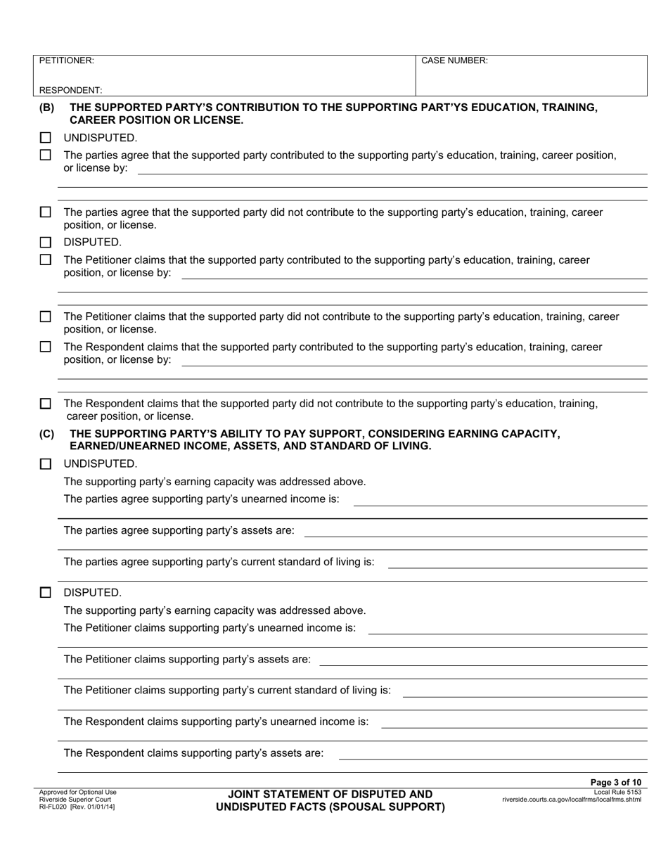 Form RI-FL020 Joint Statement of Disputed and Undisputed Facts (Spousal Support) - County of Riverside, California, Page 3