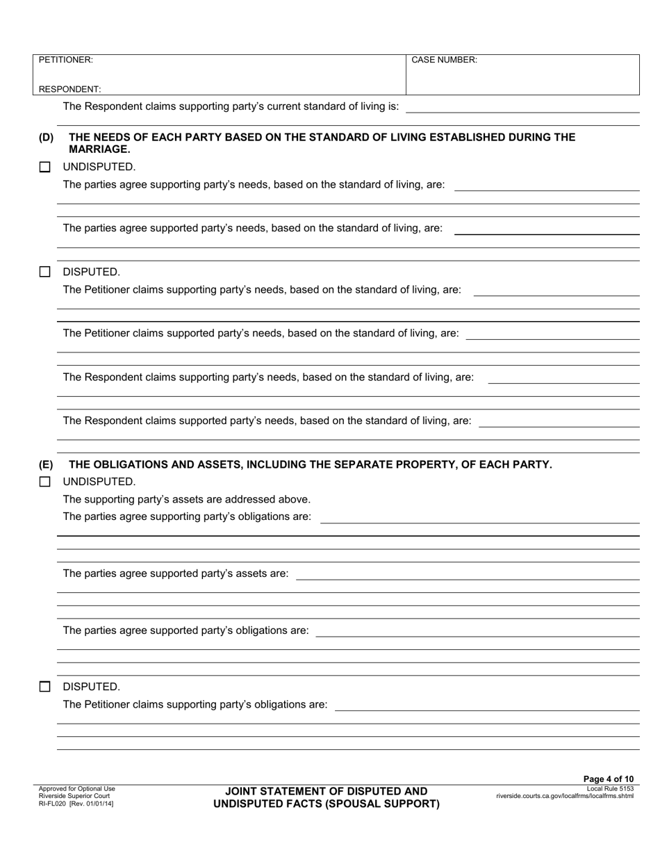 Form RI-FL020 Joint Statement of Disputed and Undisputed Facts (Spousal Support) - County of Riverside, California, Page 4