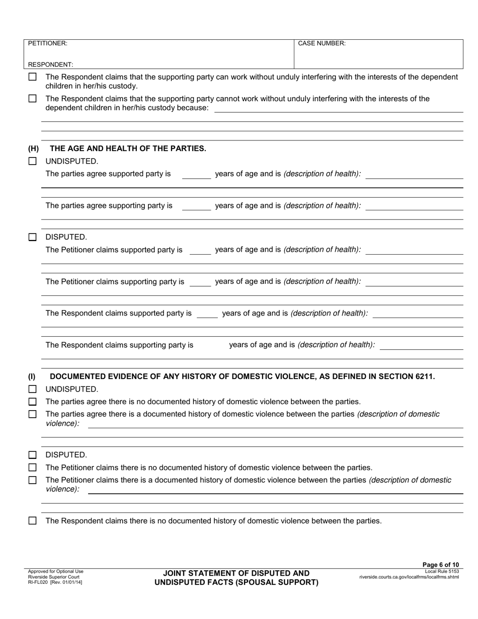 Form RI-FL020 Joint Statement of Disputed and Undisputed Facts (Spousal Support) - County of Riverside, California, Page 6