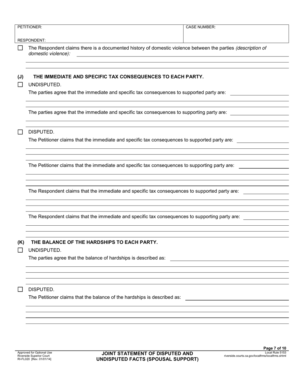 Form RI-FL020 Joint Statement of Disputed and Undisputed Facts (Spousal Support) - County of Riverside, California, Page 7