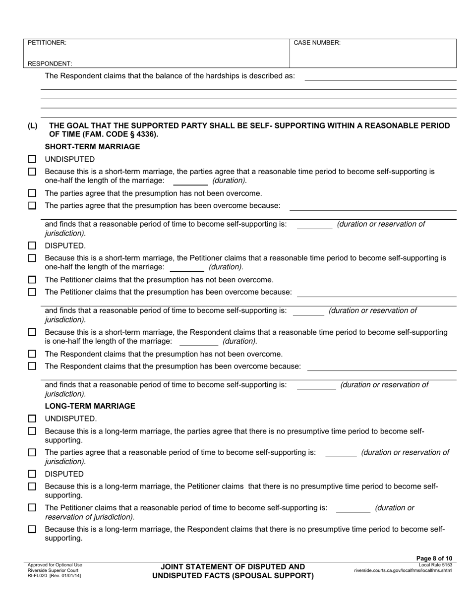Form RI-FL020 Joint Statement of Disputed and Undisputed Facts (Spousal Support) - County of Riverside, California, Page 8
