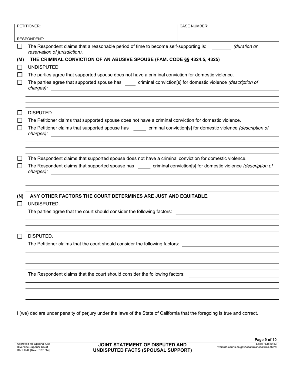 Form RI-FL020 Joint Statement of Disputed and Undisputed Facts (Spousal Support) - County of Riverside, California, Page 9