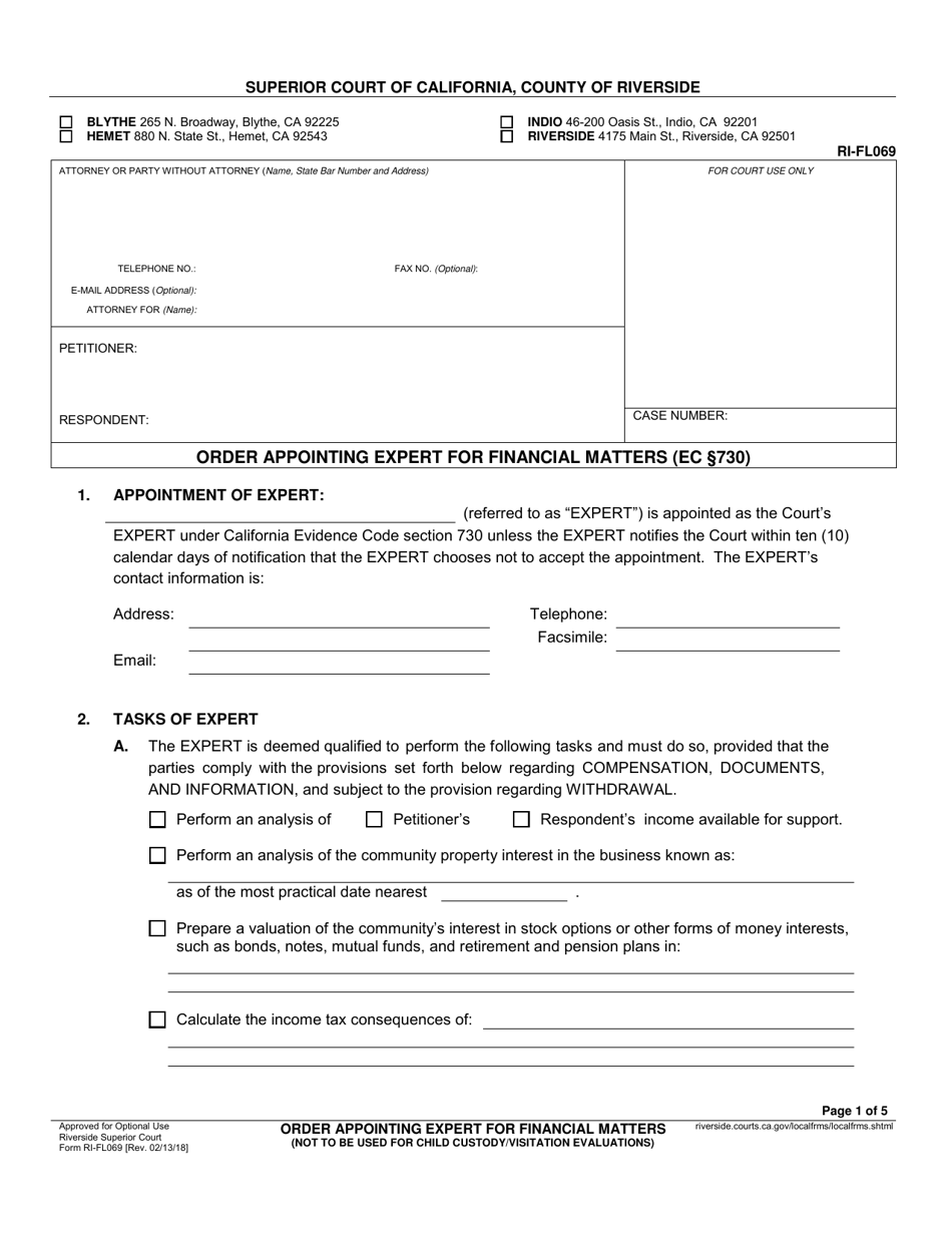 Form RI-FL069 Order Appointing Expert for Financial Matters - County of Riverside, California, Page 1