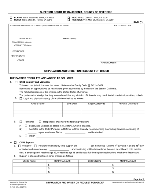 Form RI-FL038 Stipulation and Order on Request for Order - County of Riverside, California