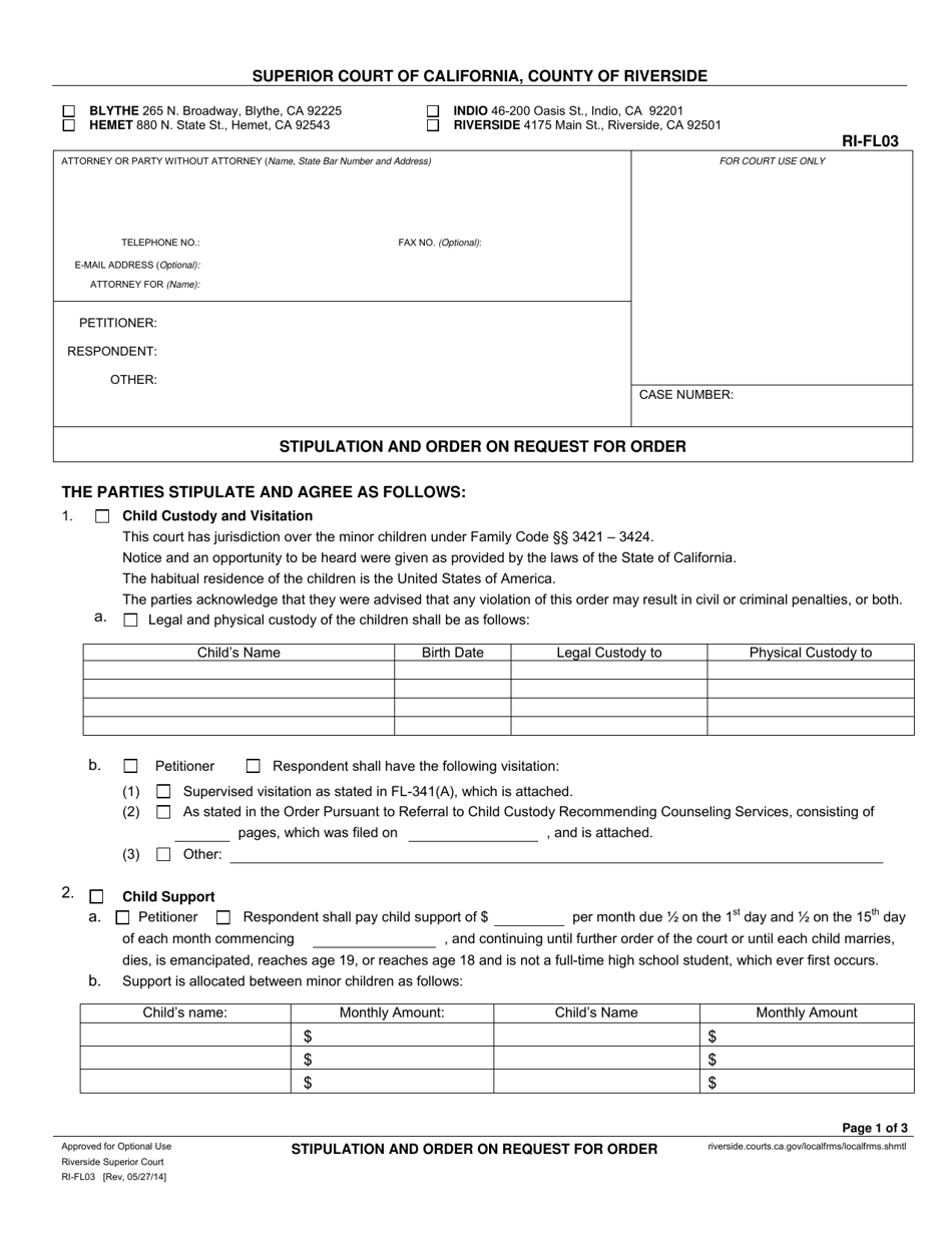 Form RI-FL038 Stipulation and Order on Request for Order - County of Riverside, California, Page 1