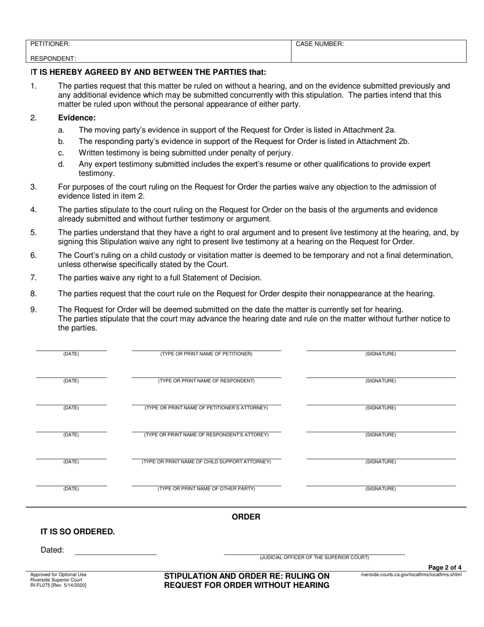 Form RI-FL075 Stipulation and Order Re: Ruling on Request for Order Without Hearing - County of Riverside, California, Page 2