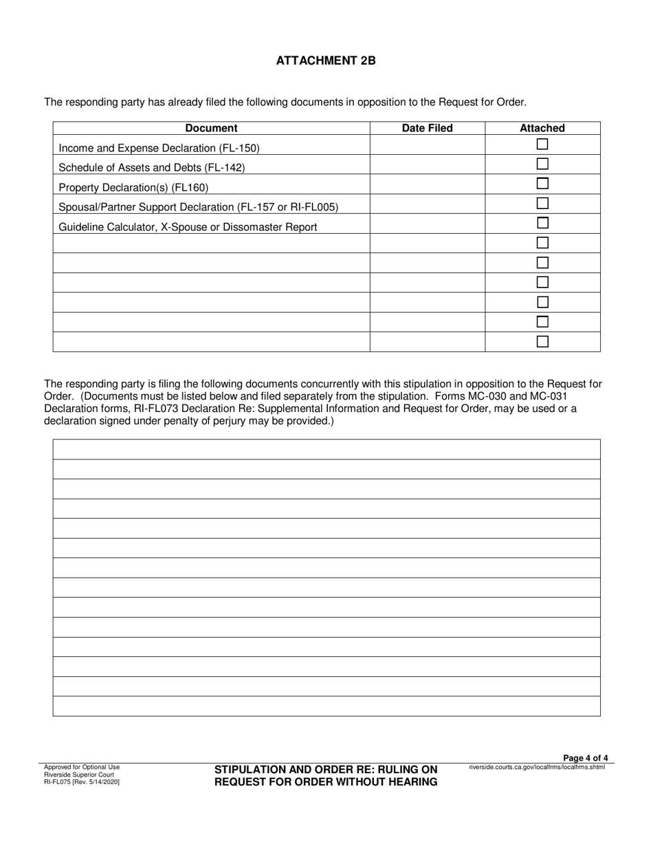 Form RI-FL075 Stipulation and Order Re: Ruling on Request for Order Without Hearing - County of Riverside, California, Page 4