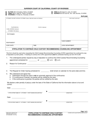 Document preview: Form RI-FL042 Stipulation to Continue Child Custody Recommending Counseling Appointment - County of Riverside, California