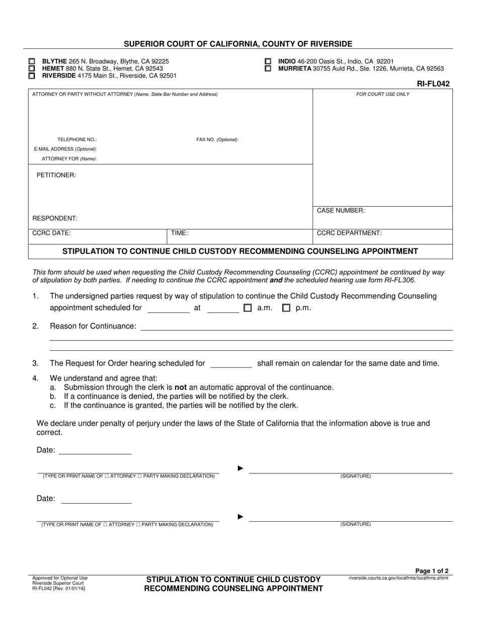 Form RI-FL042 Stipulation to Continue Child Custody Recommending Counseling Appointment - County of Riverside, California, Page 1