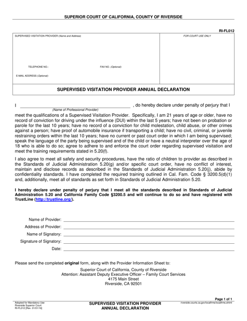 Form RI-FL012 Supervised Visitation Provider Annual Declaration - County of Riverside, California