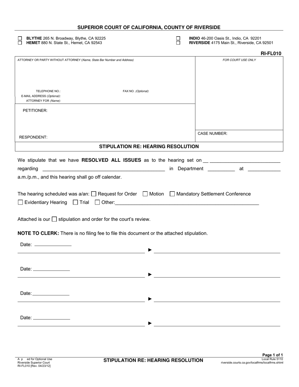 Form RI-FL010 Stipulation Re: Hearing Resolution - County of Riverside, California, Page 1