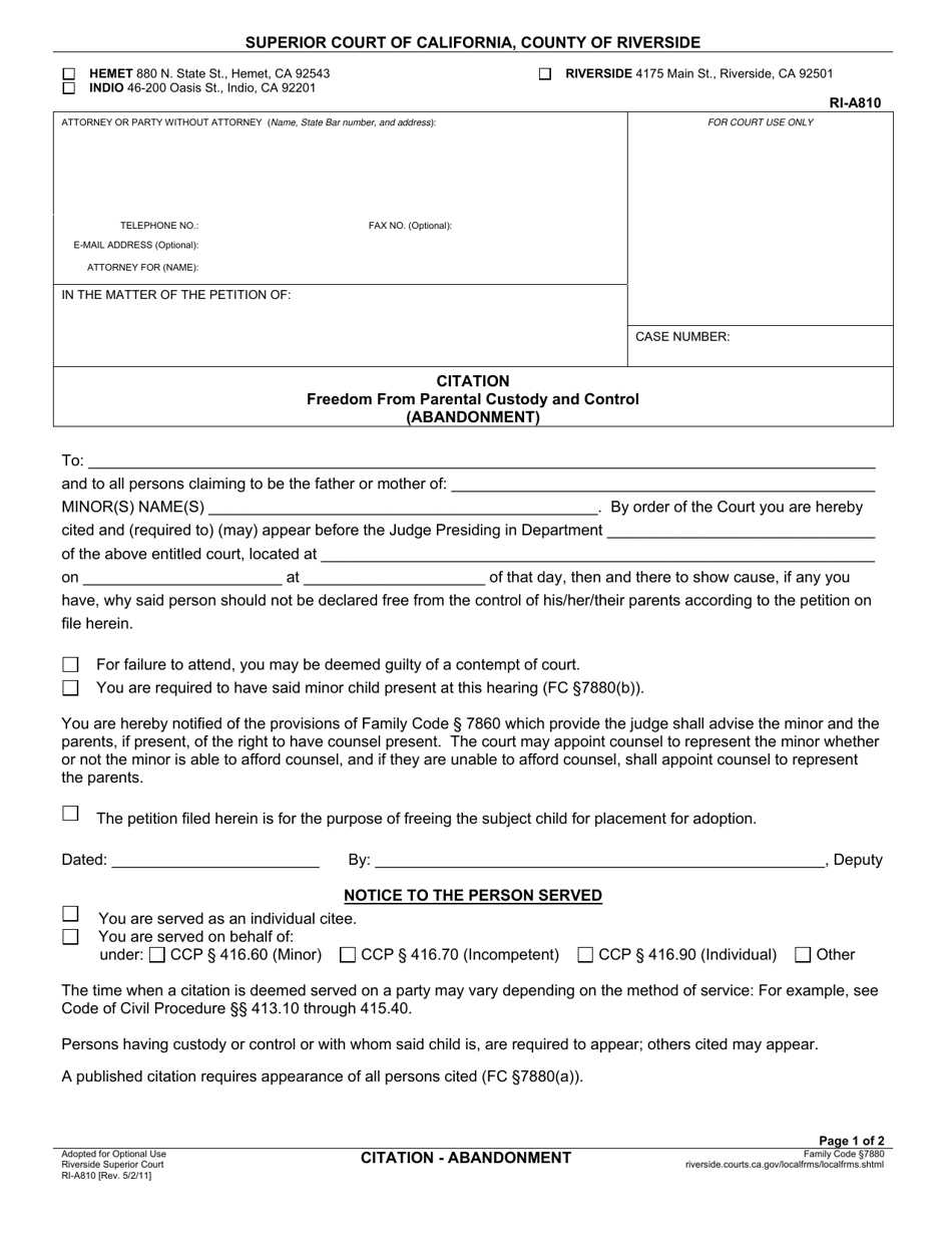 Form RI-A810 Citation (Abandonment) - County of Riverside, California, Page 1