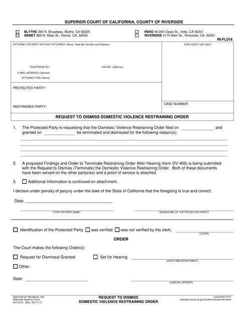 Form RI-FL016 Request to Dismiss Domestic Violence Restraining Order - County of Riverside, California