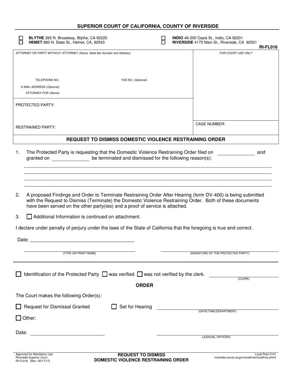 Form RI-FL016 Request to Dismiss Domestic Violence Restraining Order - County of Riverside, California, Page 1