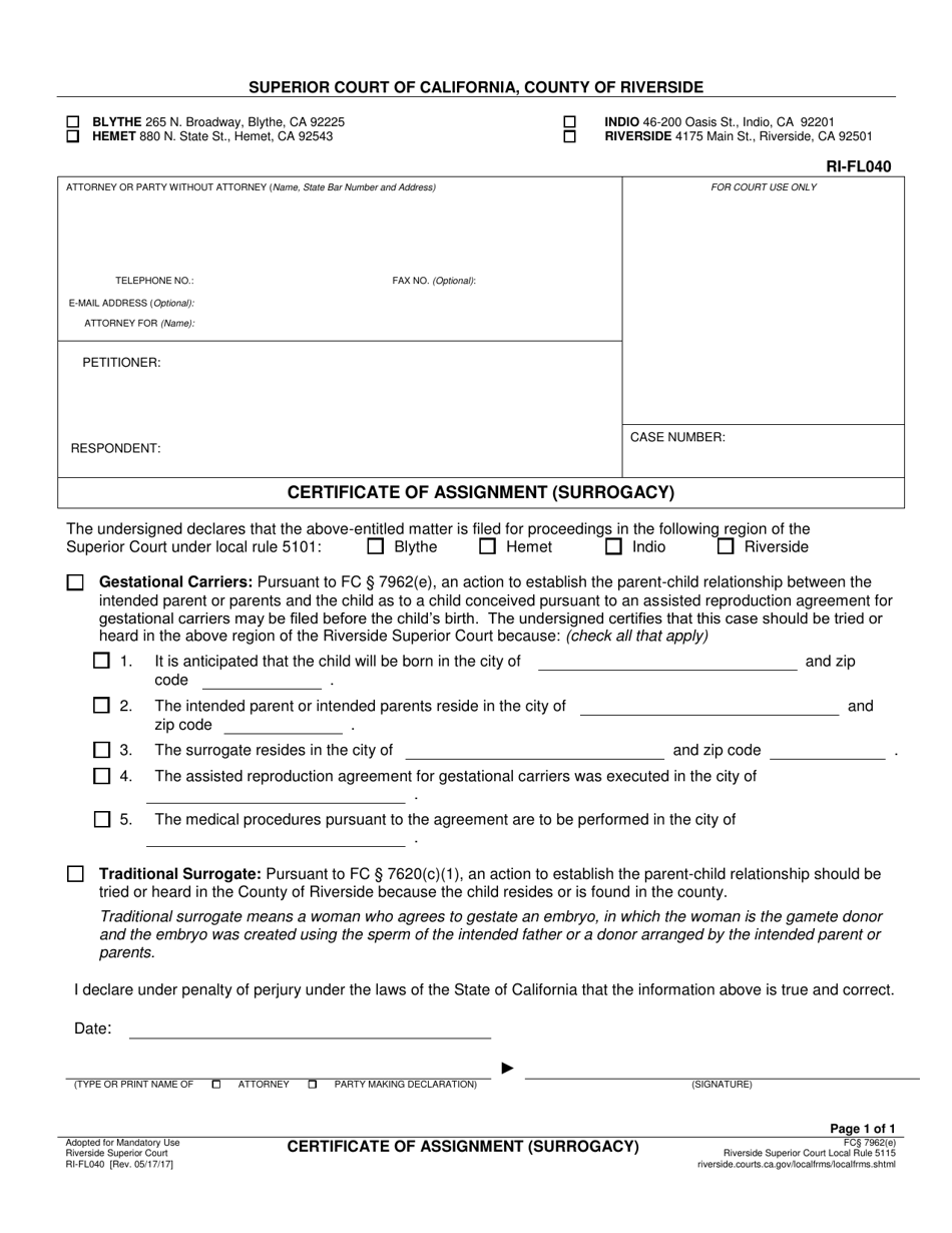 Form RI-FL040 Certificate of Assignment (Surrogacy) - County of Riverside, California, Page 1