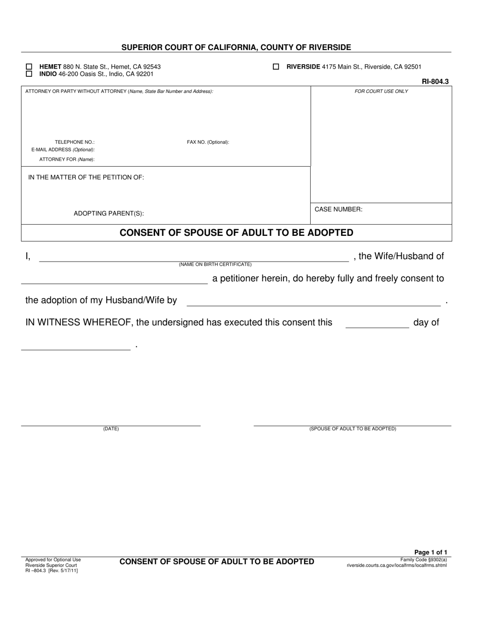 Form RI-804.3 Consent of Spouse of Adult to Be Adopted - County of Riverside, California, Page 1