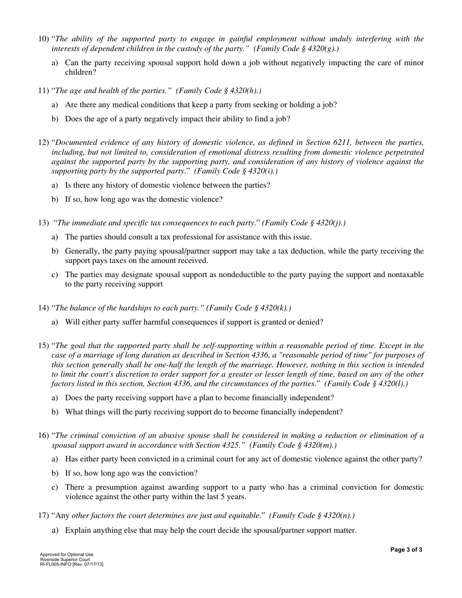 Form RI-FL005 Spousal / Partner Support Declaration - County of Riverside, California, Page 3