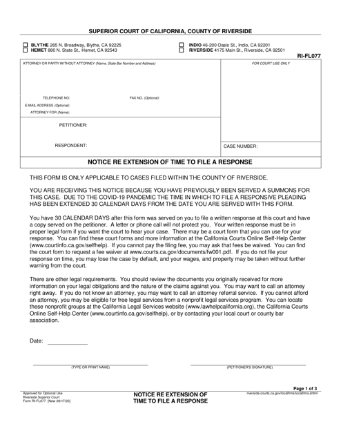 Form RI-FL077 Notice Re Extension of Time to File a Response - County of Riverside, California (English/Spanish)