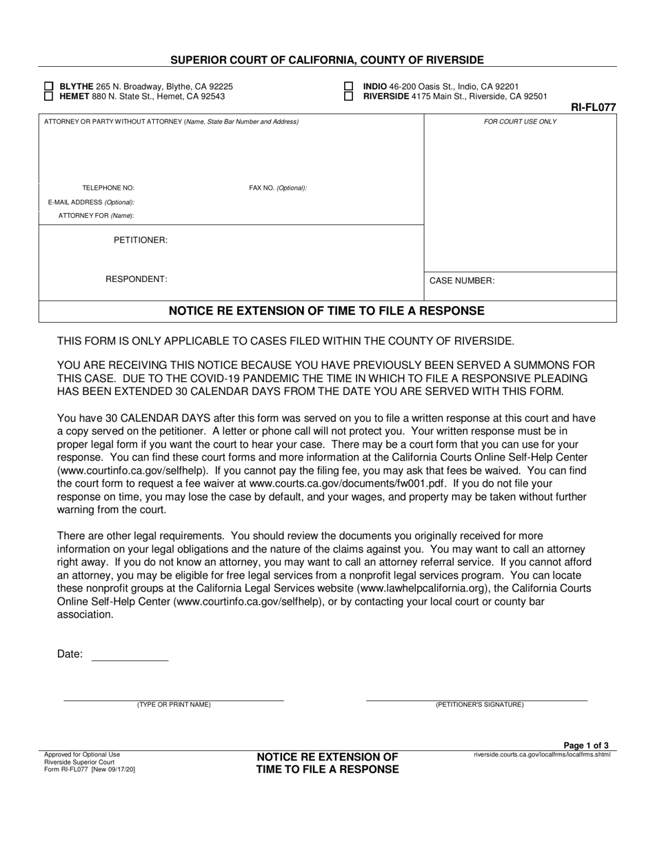 Form RI-FL077 Notice Re Extension of Time to File a Response - County of Riverside, California (English / Spanish), Page 1