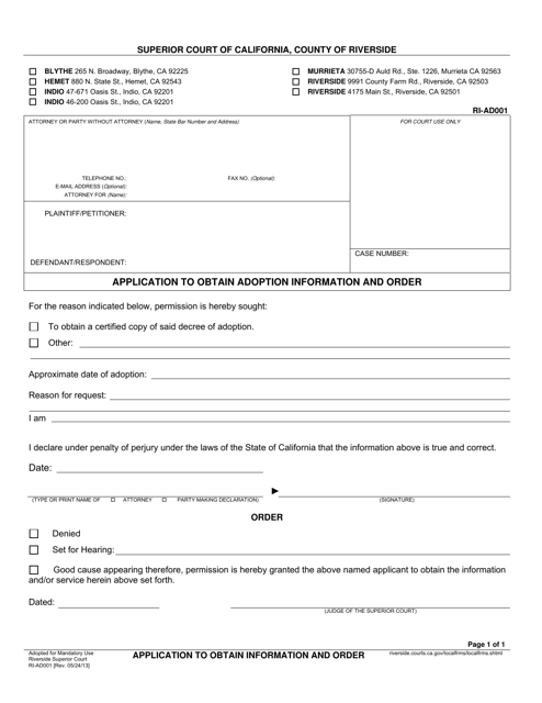 Form RI-AD001 Application to Obtain Adoption Information and Order - County of Riverside, California