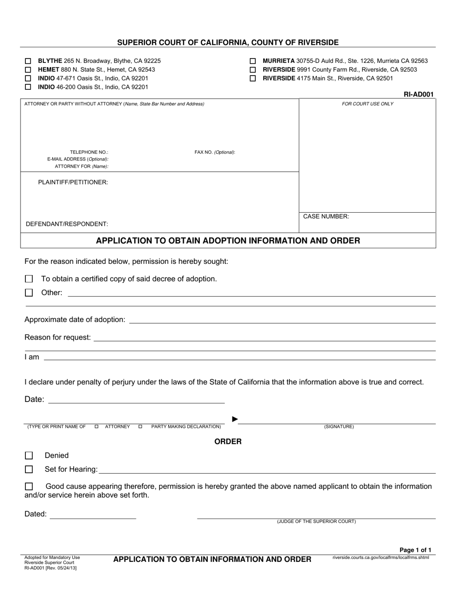 Form RI-AD001 Application to Obtain Adoption Information and Order - County of Riverside, California, Page 1