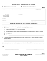 Document preview: Form RI-FL072 Request to Restore Family Law Matter to Active Status - County of Riverside, California