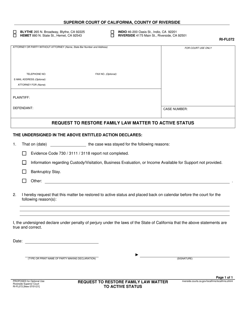 Form RI-FL072 Request to Restore Family Law Matter to Active Status - County of Riverside, California, Page 1
