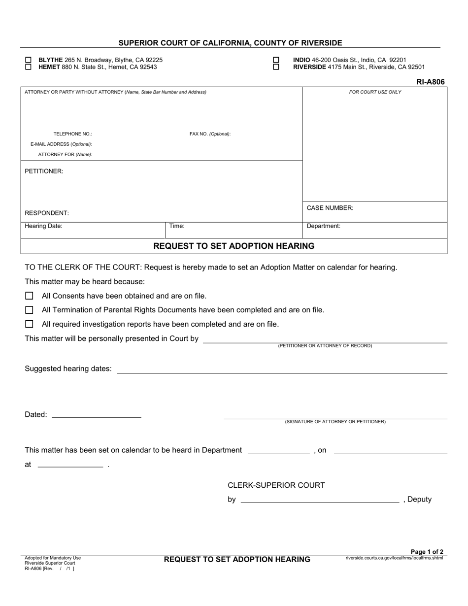 Form RI-A806 Request to Set Adoption Hearing - County of Riverside, California, Page 1