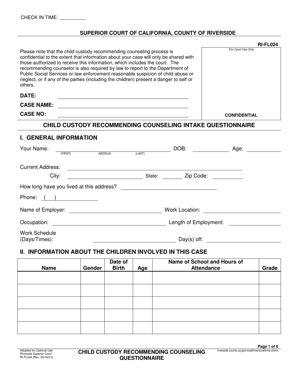 Form RI-FL024 Child Custody Recommending Counseling Intake Questionnaire - County of Riverside, California, Page 1