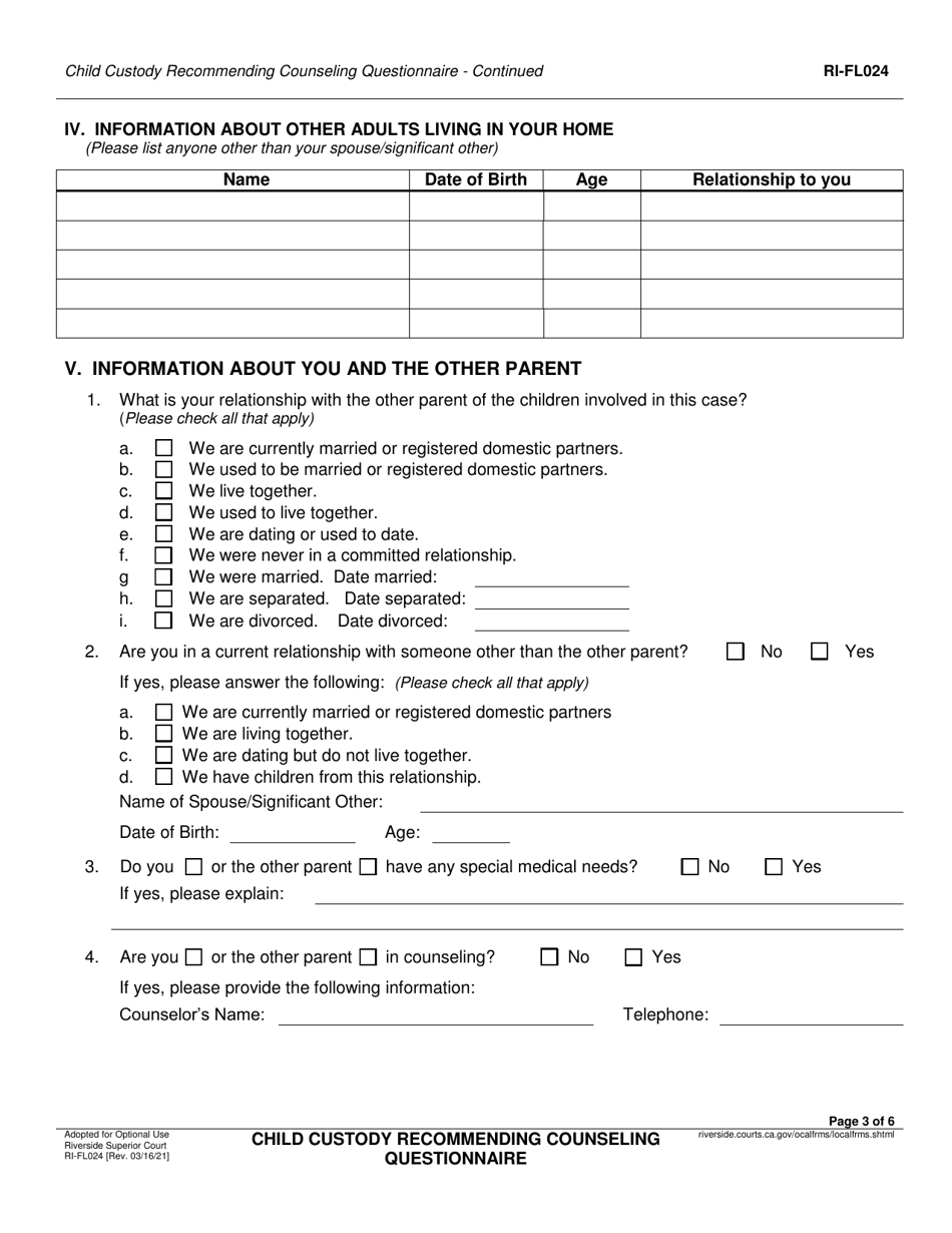 Form RI-FL024 Child Custody Recommending Counseling Intake Questionnaire - County of Riverside, California, Page 3